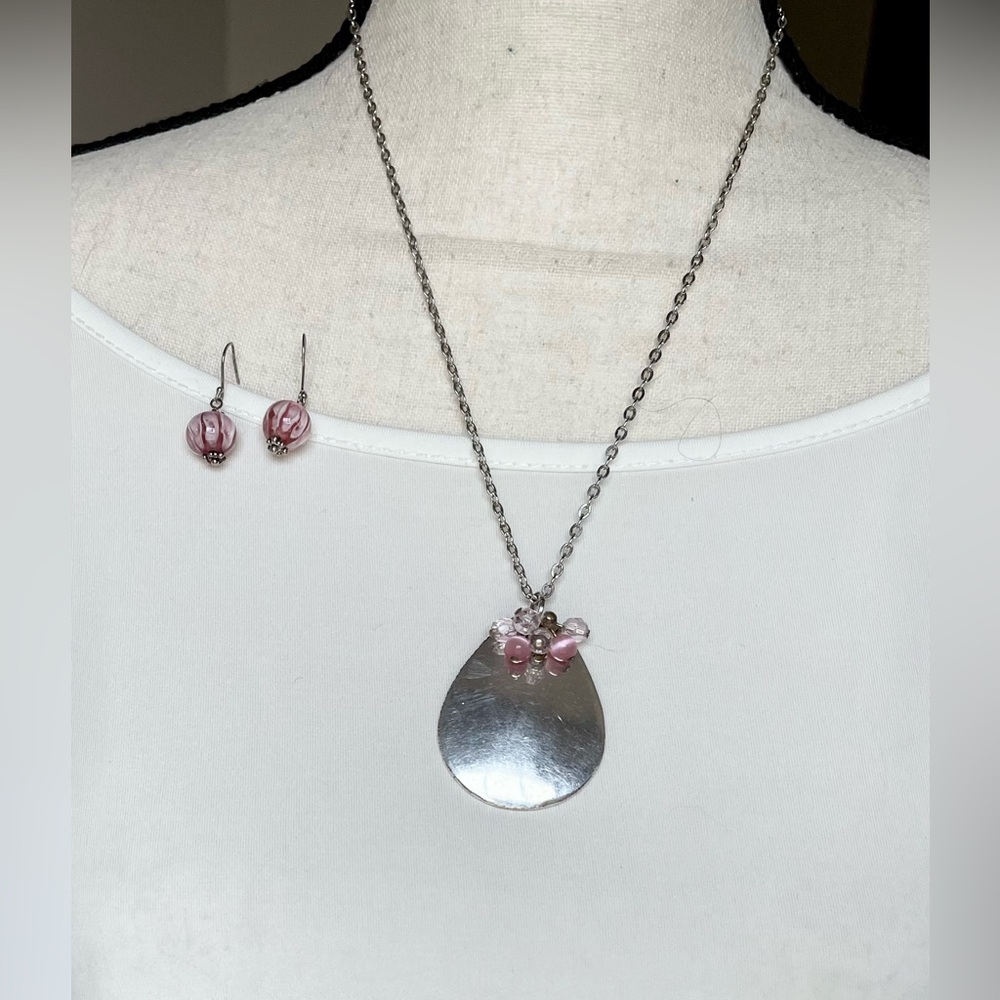 Necklace & earring lot pink silver tone - jewelry